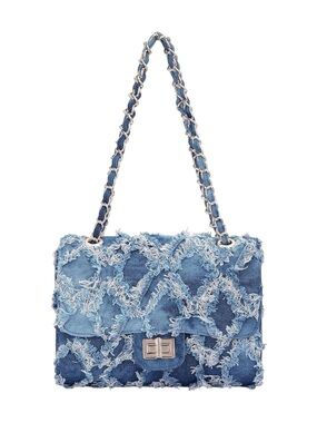Frayed Denim Chain Shoulder Bag - Blue NWT